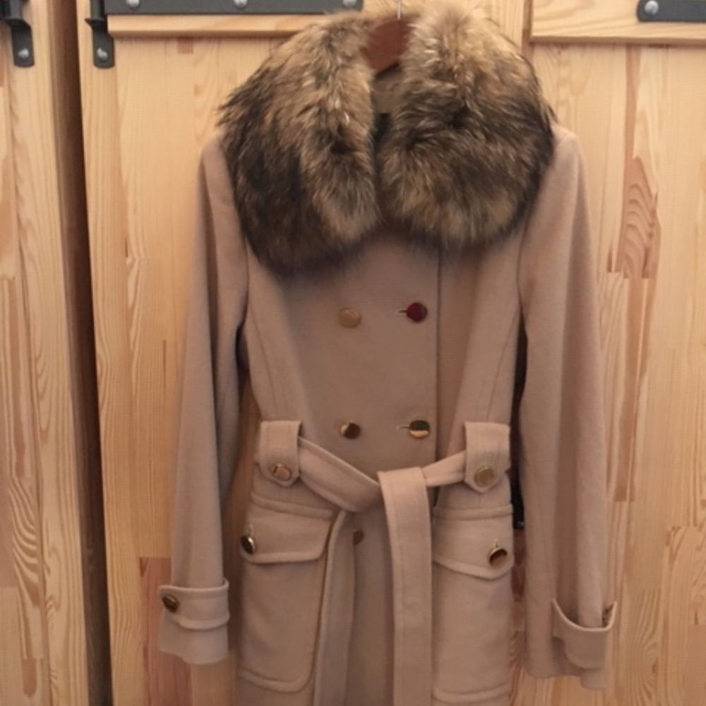 ELIE TAHARI, CAMEL COLOR, WOOL COAT, FUR COLLAR